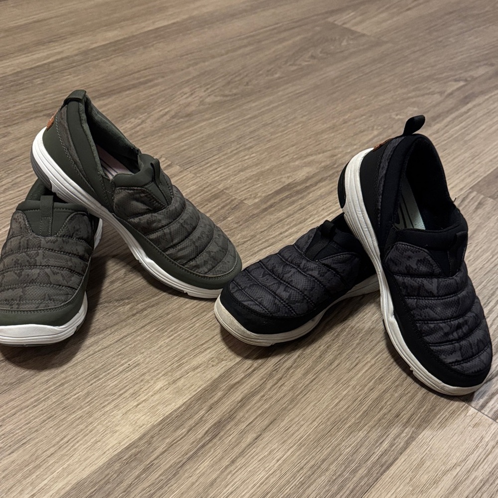 Two pair Ryka Women's Slip-On Quilted Sneakers - Black & Olive both pair